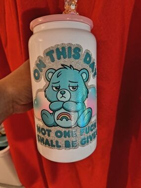 White Glitter Blue Bear Water Bottle with Pink Lid Stainless Steel